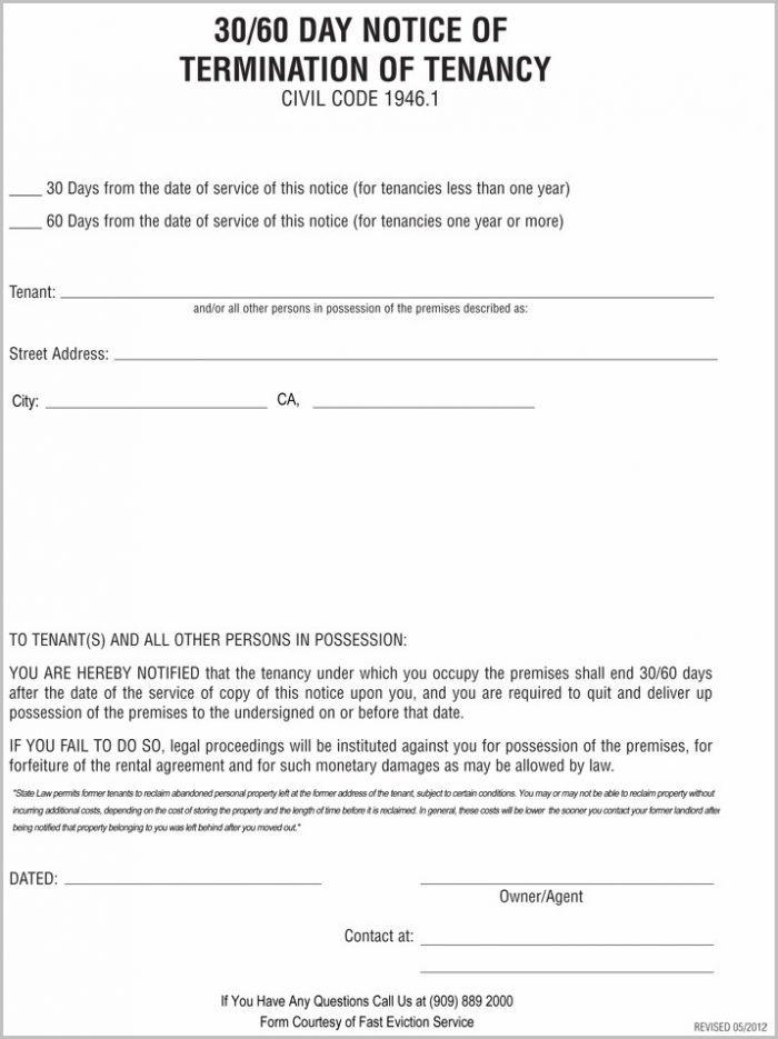 30 Day Eviction Notice Template California 30 Day Eviction Notice Template California
