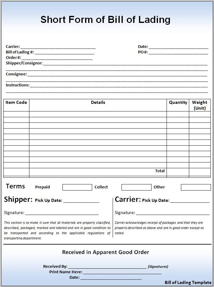 Bill Of Lading Form Download Free Bill Of Lading Form Download Free