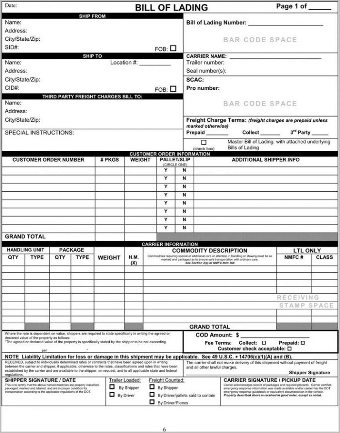 Bill Of Lading Forms Printable Bill Of Lading Forms Printable
