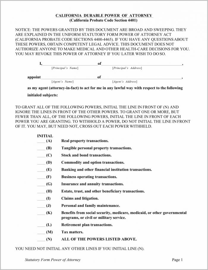 Blank Durable Power Of Attorney Form California Blank Durable Power Of Attorney Form California