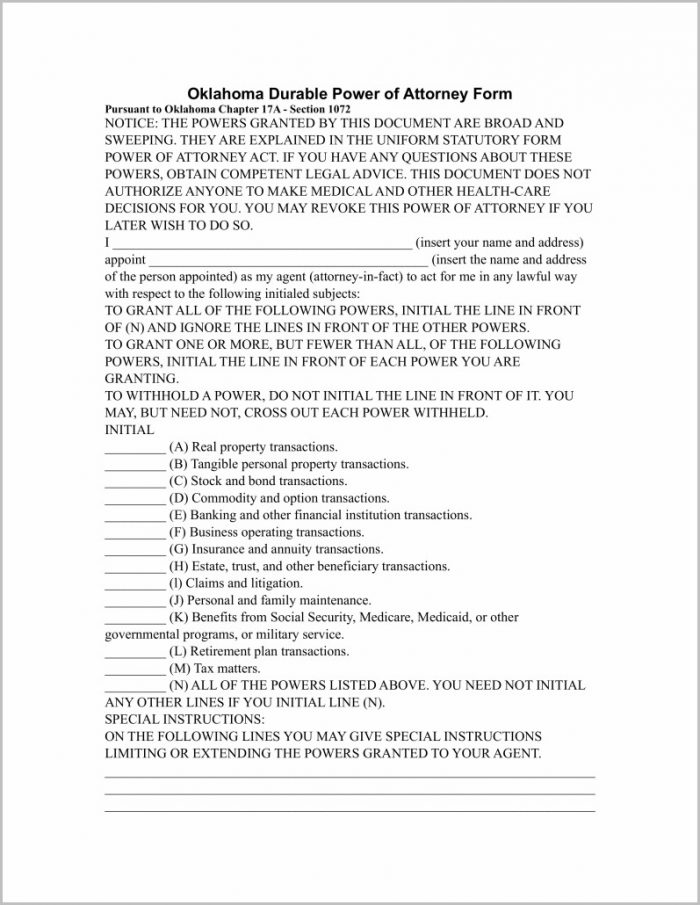 Durable Power Of Attorney Form Oklahoma Durable Power Of Attorney Form Oklahoma