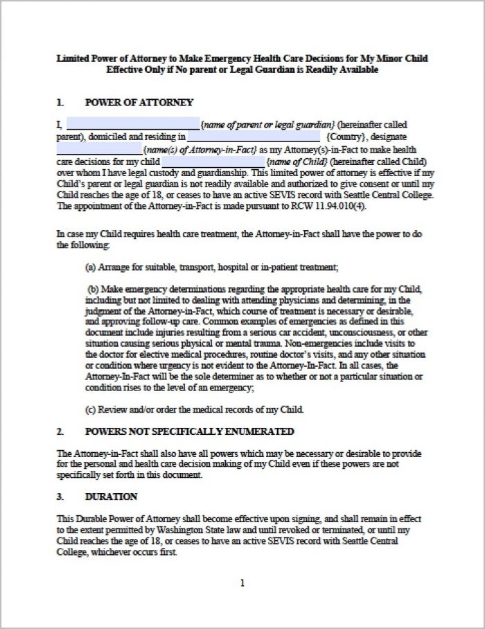 Durable Power Of Attorney Form Washington State Durable Power Of Attorney Form Washington State