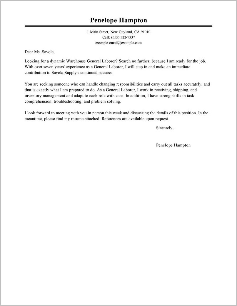 Cover Letter For General Labor Vorte