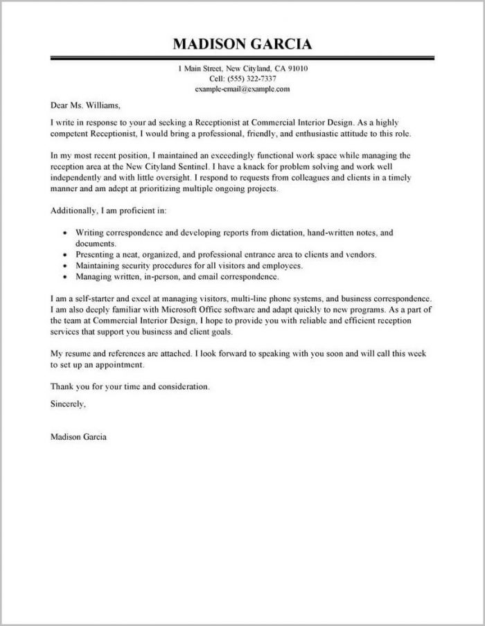 Example Of Cover Letter For Receptionist Resume Example Of Cover Letter For Receptionist Resume