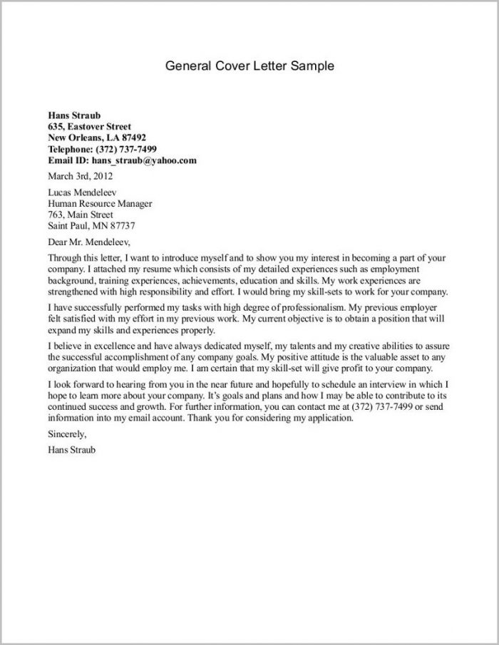Example Resume Cover Letter General Example Resume Cover Letter General