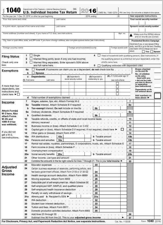 Irs Form 1040 A 2016 Form Resume Examples