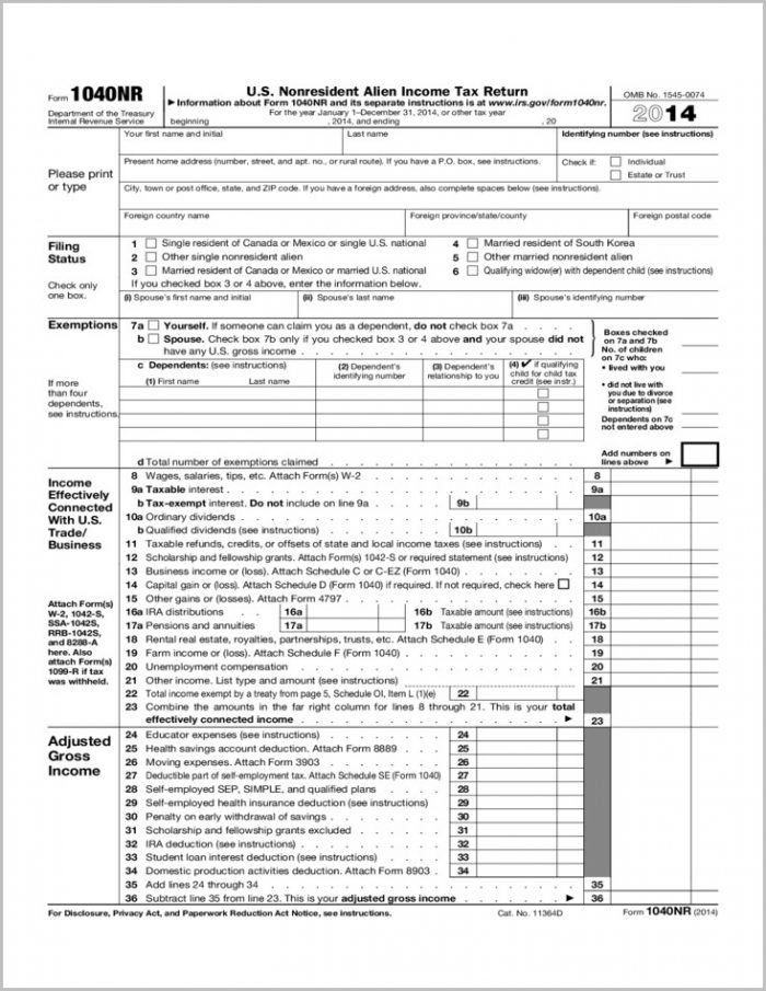 2014 Instructions For Form 1040 Form 1040 Nr Us Nonresident Alien Income Tax Return Form 2014 2014 Instructions For Form 1040 Form 1040 Nr Us Nonresident Alien Income Tax Return Form 2014
