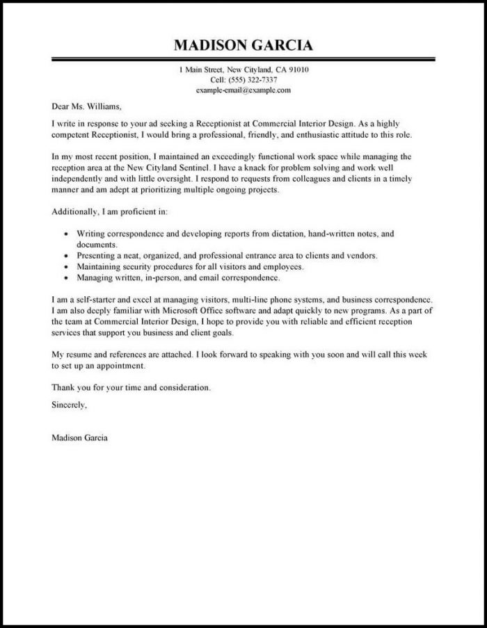 Resume Cover Letter Example For Receptionist Resume Cover Letter Example For Receptionist