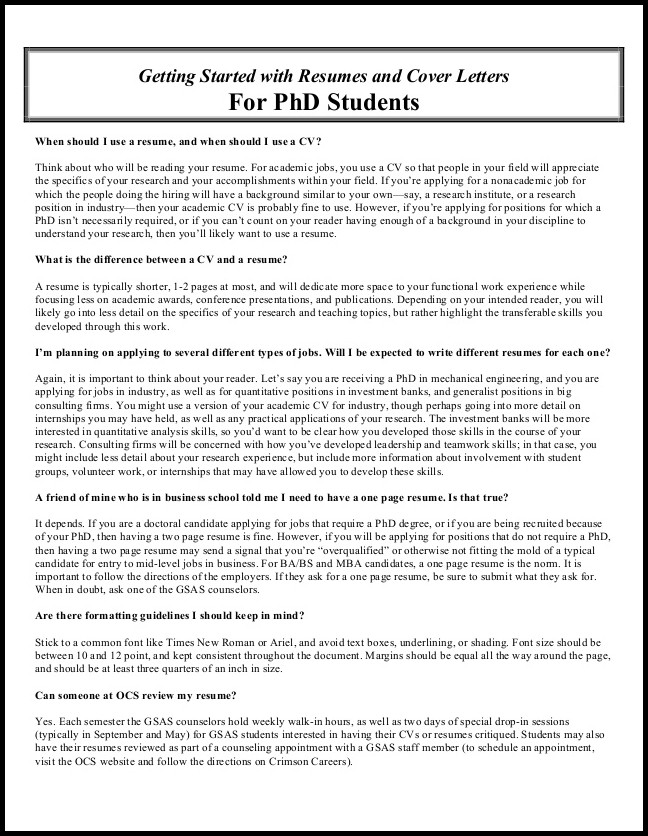 Resumes & Cover Letters For Phd Students Resumes & Cover Letters For Phd Students