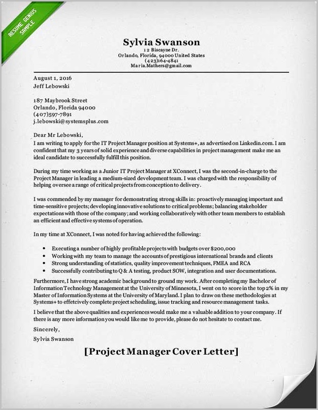 Sample Cover Letter For Resume Project Manager Sample Cover Letter For Resume Project Manager