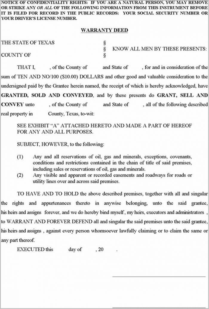 Blank Warranty Deed Form For Texas Blank Warranty Deed Form For Texas