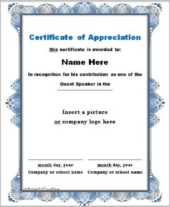 Certificate Of Appreciation Speaker Template Certificate Of Appreciation Speaker Template