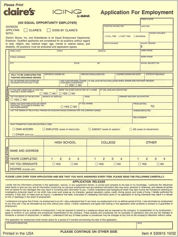 Claire's Printable Job Application Form Claire's Printable Job Application Form