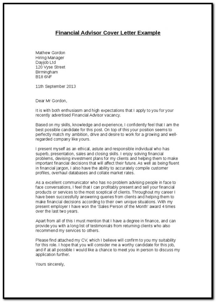 Cover Letter Example For Financial Advisor Cover Letter Example For Financial Advisor