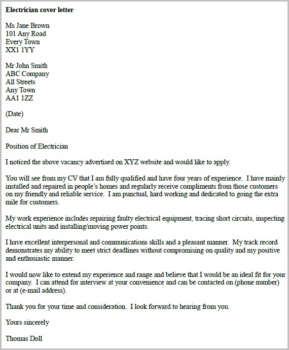 Cover Letter For Job Application For Electrician Cover Letter For Job Application For Electrician