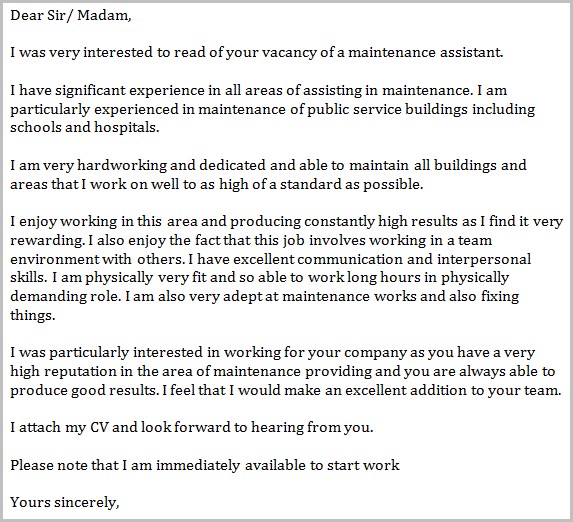 Cover Letter For Maintenance Helper Cover Letter For Maintenance Helper