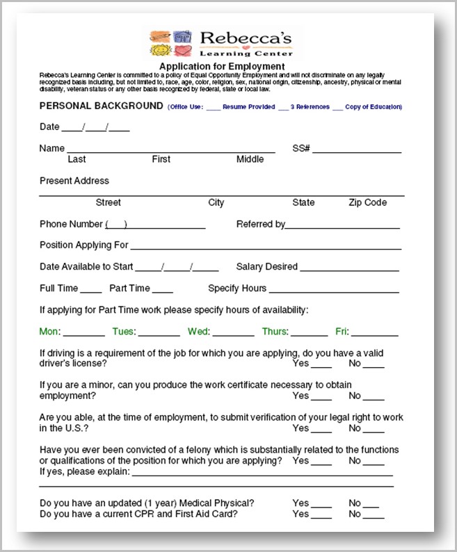 Daycare Job Application Sample Daycare Job Application Sample