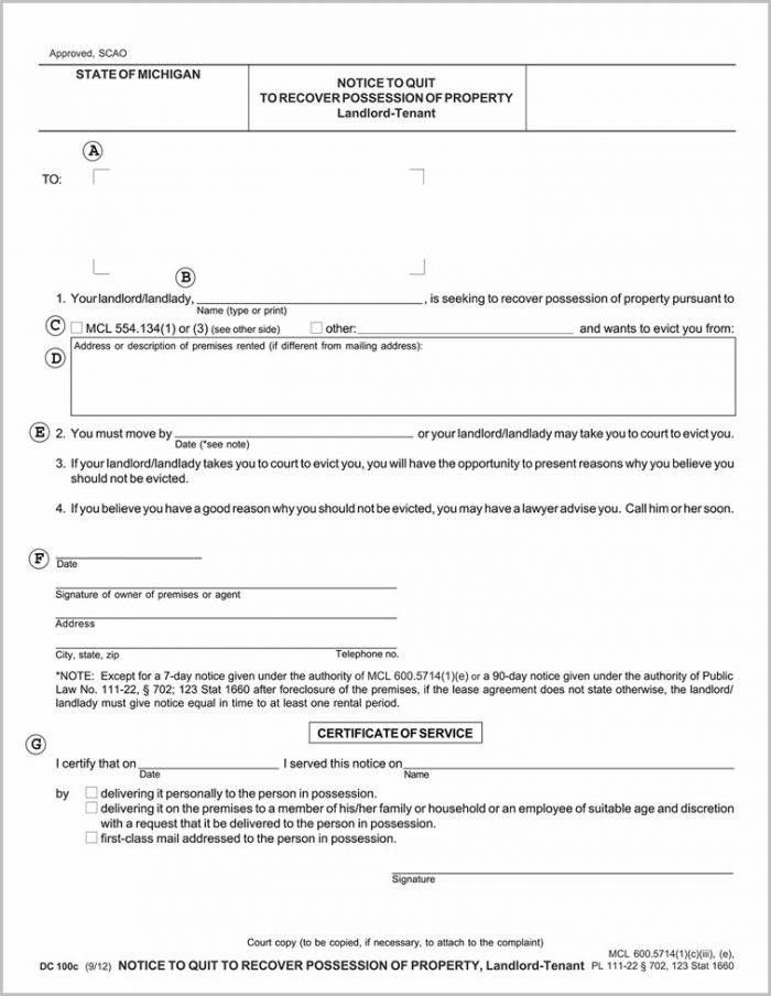 Eviction Notice Form State Of Michigan Eviction Notice Form State Of Michigan