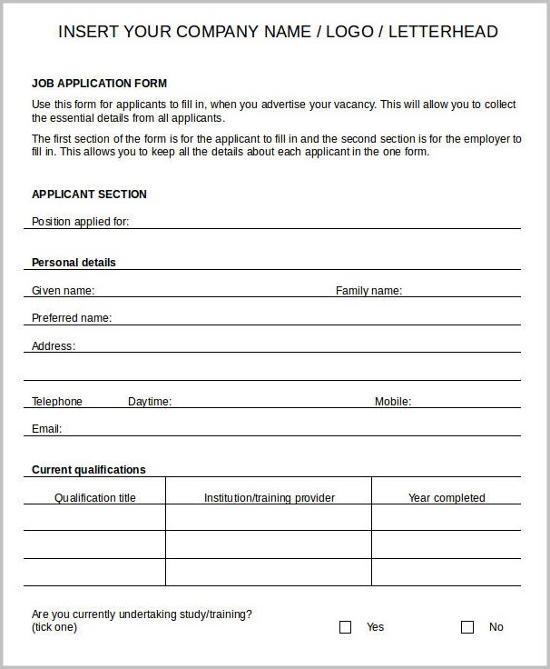 Free Printable Blank Job Application Forms Free Printable Blank Job Application Forms