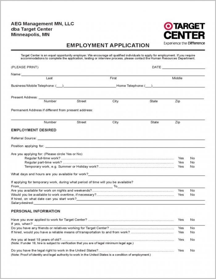 Target Center Employment Application Form Free Download Target Job Application Form Target Center Employment Application Form Free Download Target Job Application Form