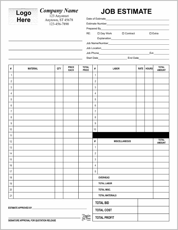 Free Printable Job Estimate Forms Free Printable Job Estimate Forms