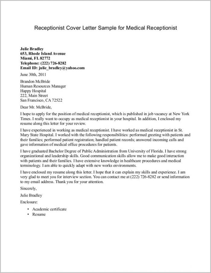 Free Sample Cover Letter For Medical Receptionist Free Sample Cover Letter For Medical Receptionist