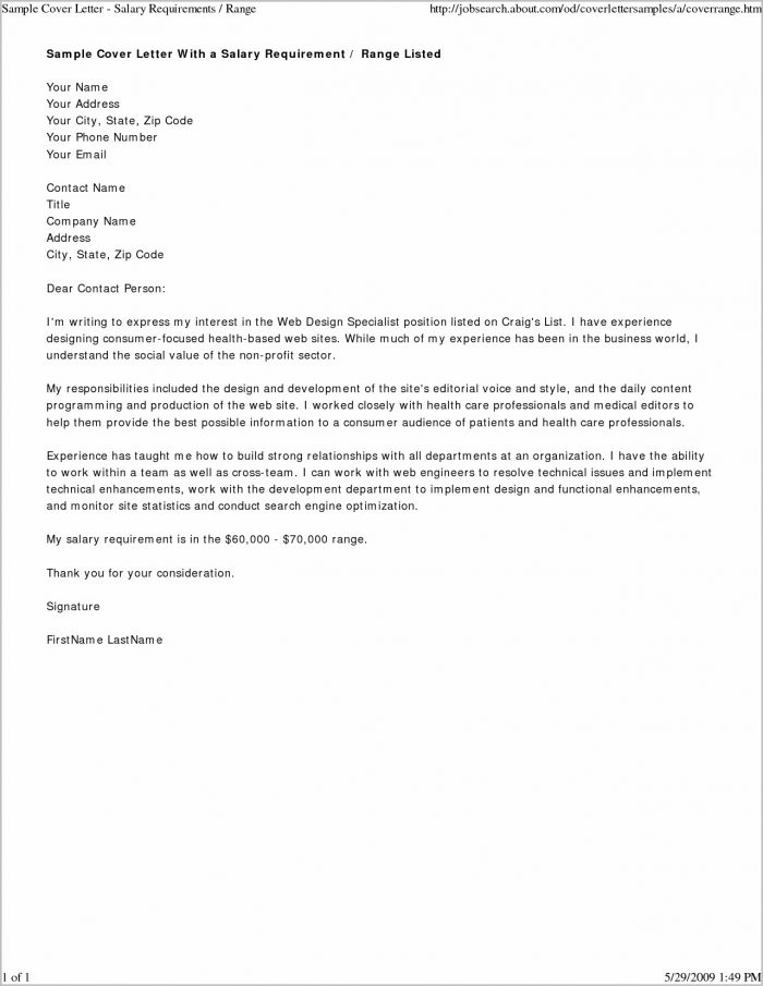 Free Sample Cover Letter With Salary Requirements Free Sample Cover Letter With Salary Requirements