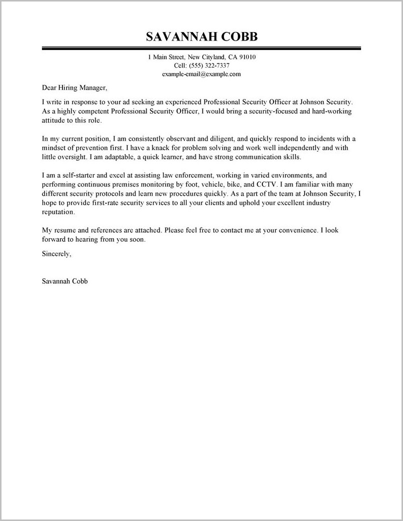 Free Security Guard Cover Letter Sample