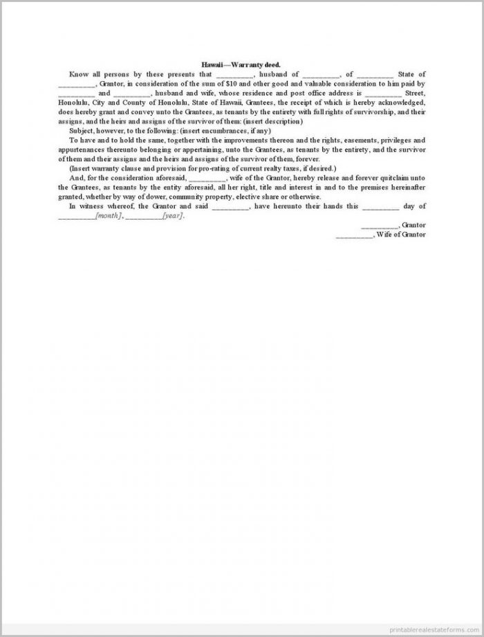 Hawaii Warranty Deed Form Hawaii Warranty Deed Form