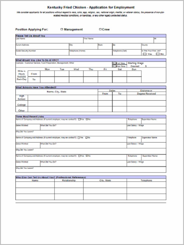 Kfc Job Application Form Download Kfc Job Application Form Download