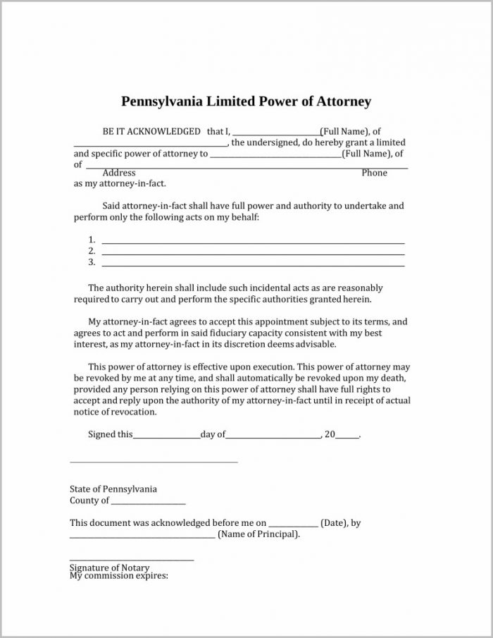 Limited Power Of Attorney Form Pa Limited Power Of Attorney Form Pa