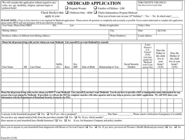 Medicaid Application Form 94 Medicaid Application Form 94