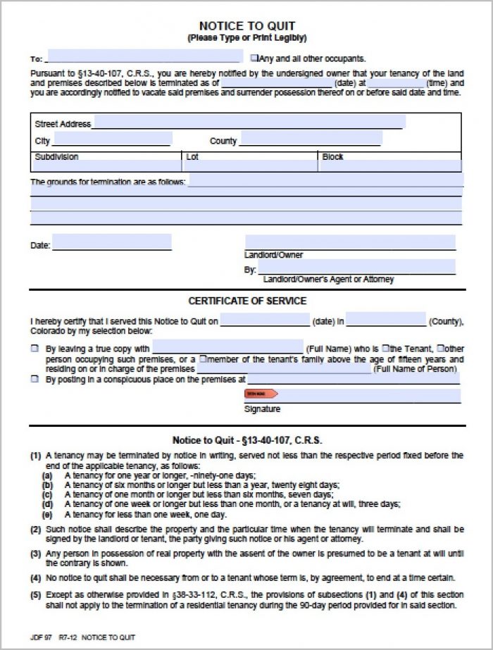 Notice To Vacate Form Colorado Notice To Vacate Form Colorado