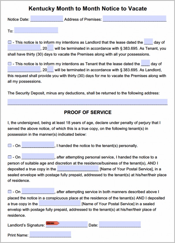 Notice To Vacate Form Kentucky Notice To Vacate Form Kentucky