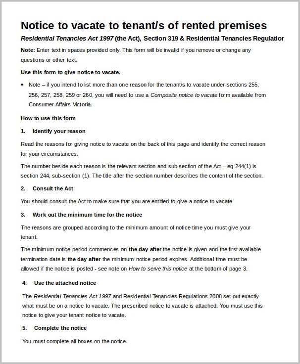 Notice To Vacate Form Sample Notice To Vacate Form Sample