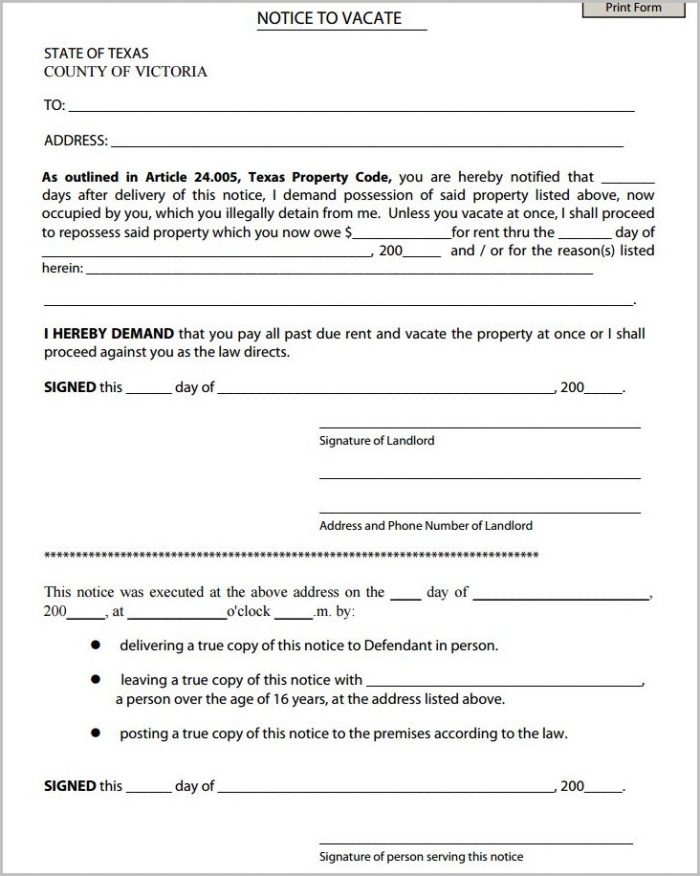 Notice To Vacate Form Texas Notice To Vacate Form Texas