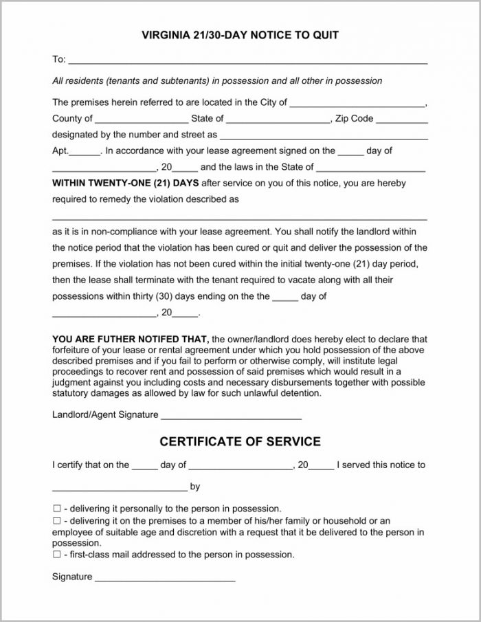 Notice To Vacate Form Virginia Notice To Vacate Form Virginia