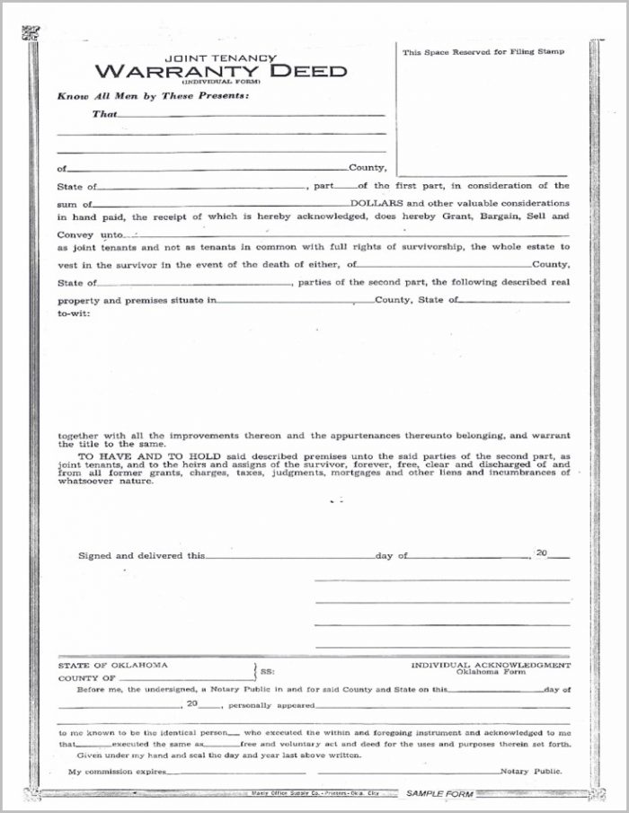 Oklahoma Joint Tenancy Warranty Deed Form Oklahoma Joint Tenancy Warranty Deed Form
