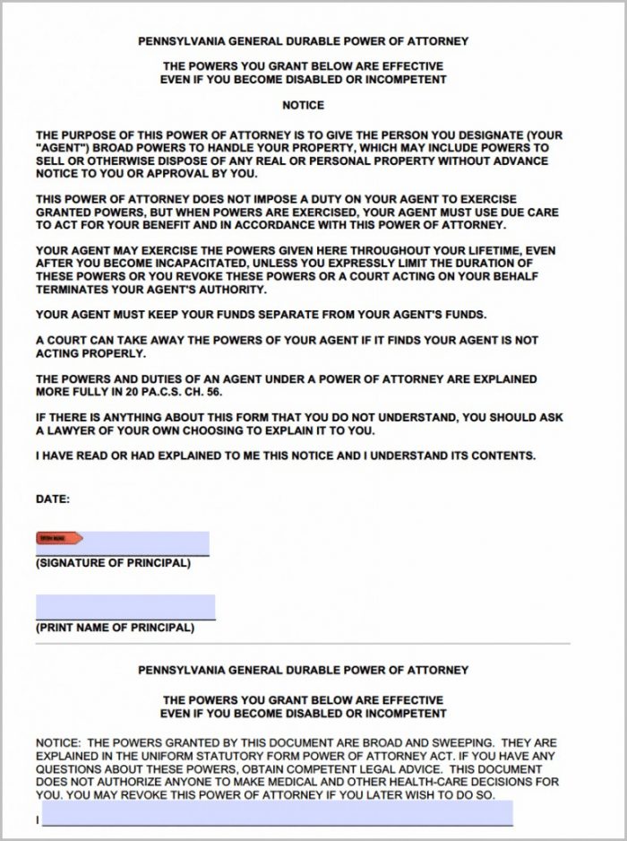 Power Of Attorney Form Pa Power Of Attorney Form Pa