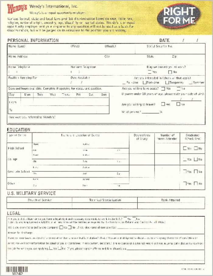 Printable Job Application Form For Wendy's Printable Job Application Form For Wendy's