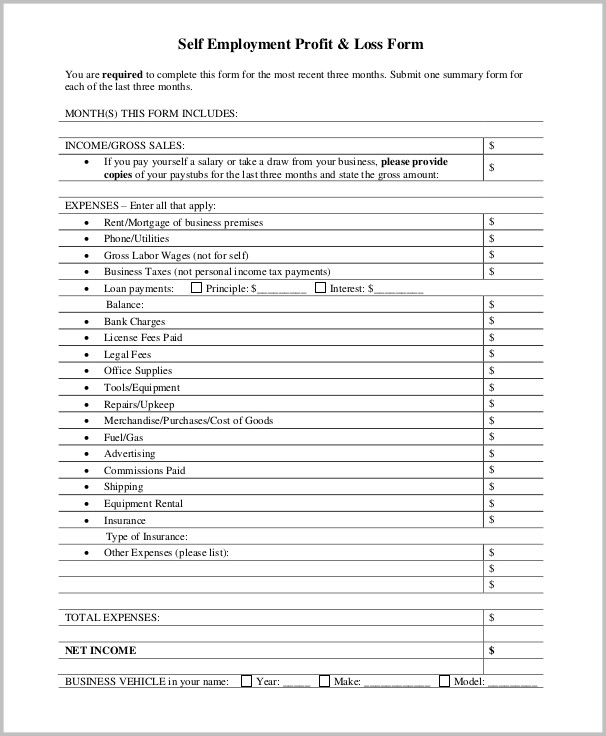 2018 Profit And Loss Form