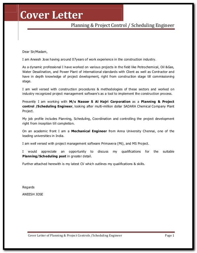 Project Planner Cover Letter Project Planner Cover Letter