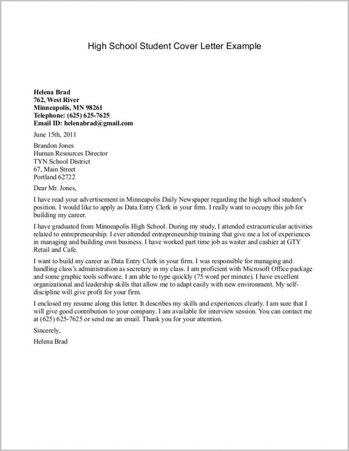 Resume Cover Letter Examples For Highschool Students Resume Cover Letter Examples For Highschool Students