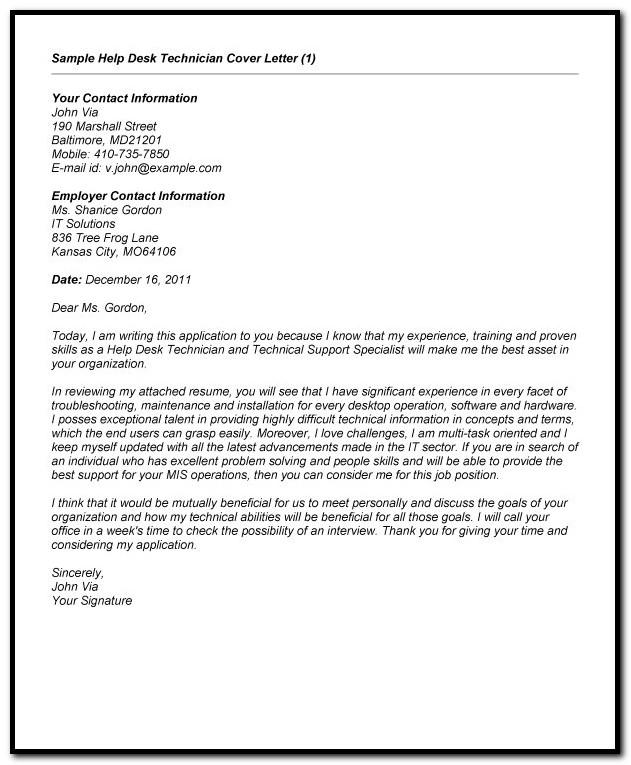 Sample Cover Letter For Help Desk Technician Sample Cover Letter For Help Desk Technician