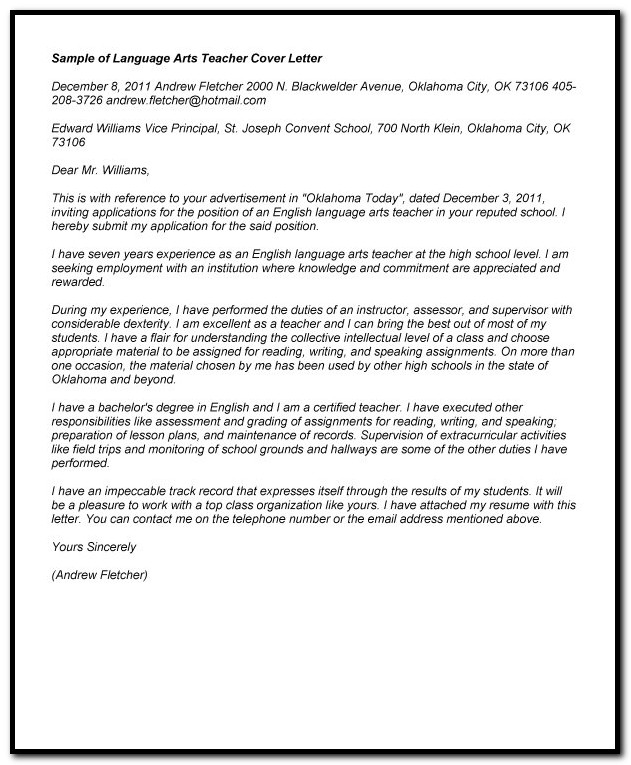 Sample Cover Letter For Language Arts Teacher Sample Cover Letter For Language Arts Teacher