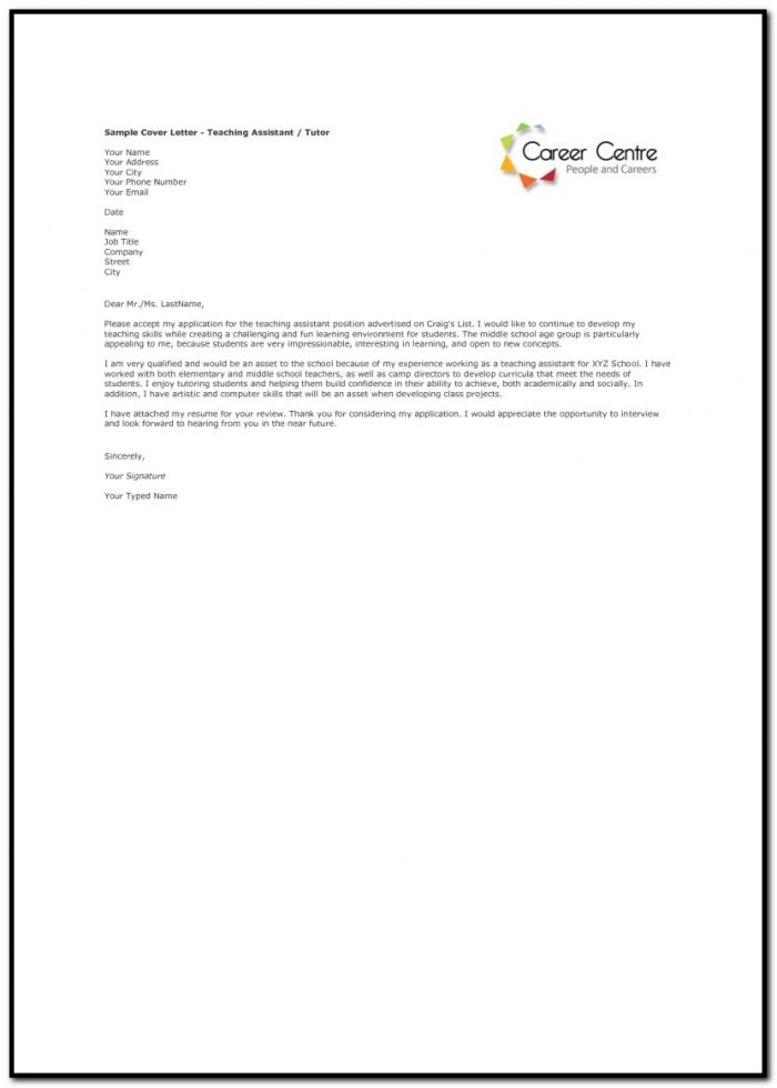 Sample Cover Letter For Teaching Assistant Job Sample Cover Letter For Teaching Assistant Job