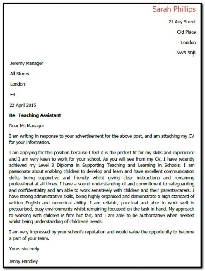 cover letter for teaching assistant uk