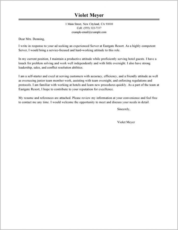 Resume Cover Letter Sample Hospitality Cover Letter Resume Examples