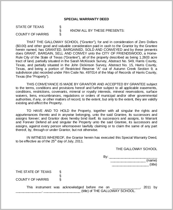 Special Warranty Deed Form For Texas Special Warranty Deed Form For Texas