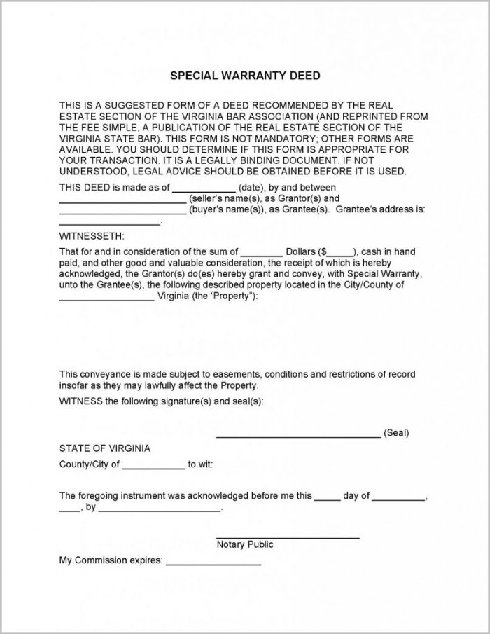 Special Warranty Deed Virginia Form Special Warranty Deed Virginia Form